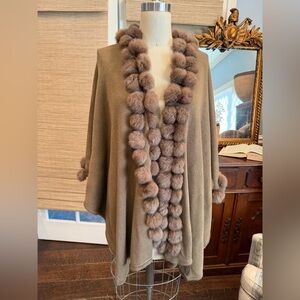 Elegant Brown Cape with Pom Pom Fur Trim